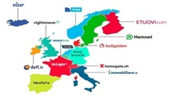 Logos des principaux sites de vente immobilière sur la carte de l'Europe